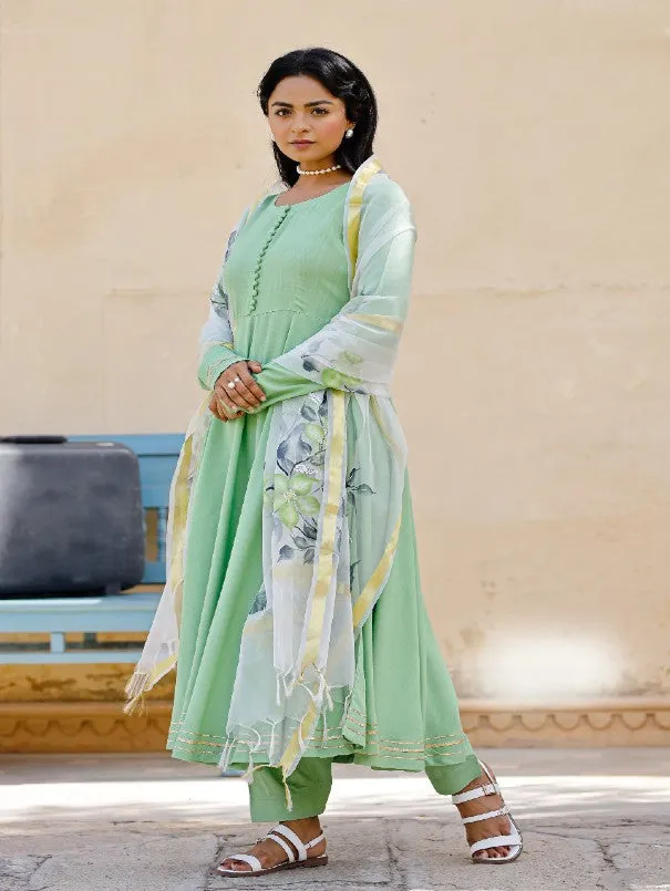 Light Green Anarkali Kurta Set With Painted Organza Dupatta