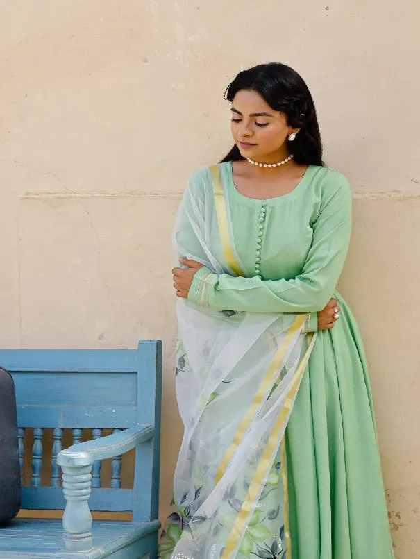 Light Green Anarkali Kurta Set With Painted Organza Dupatta