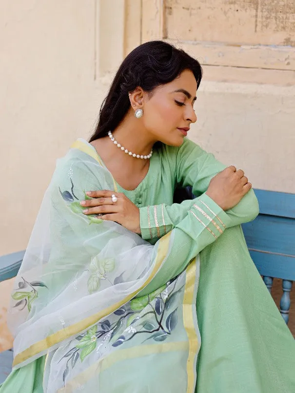 Light Green Anarkali Kurta Set With Painted Organza Dupatta