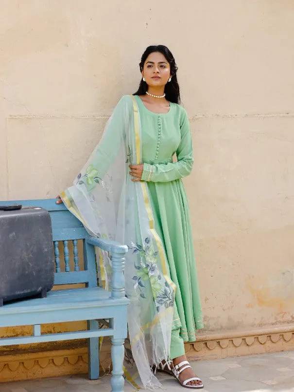 Light Green Anarkali Kurta Set With Painted Organza Dupatta