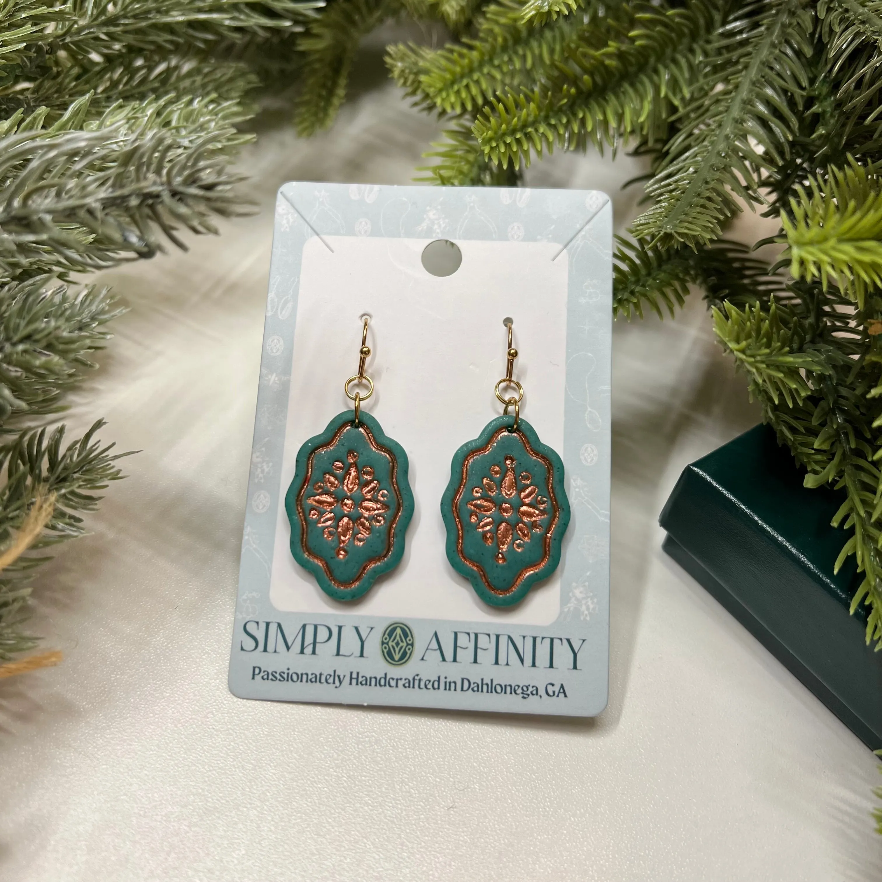 Mandala Imprint Scalloped Earrings in Green & Copper