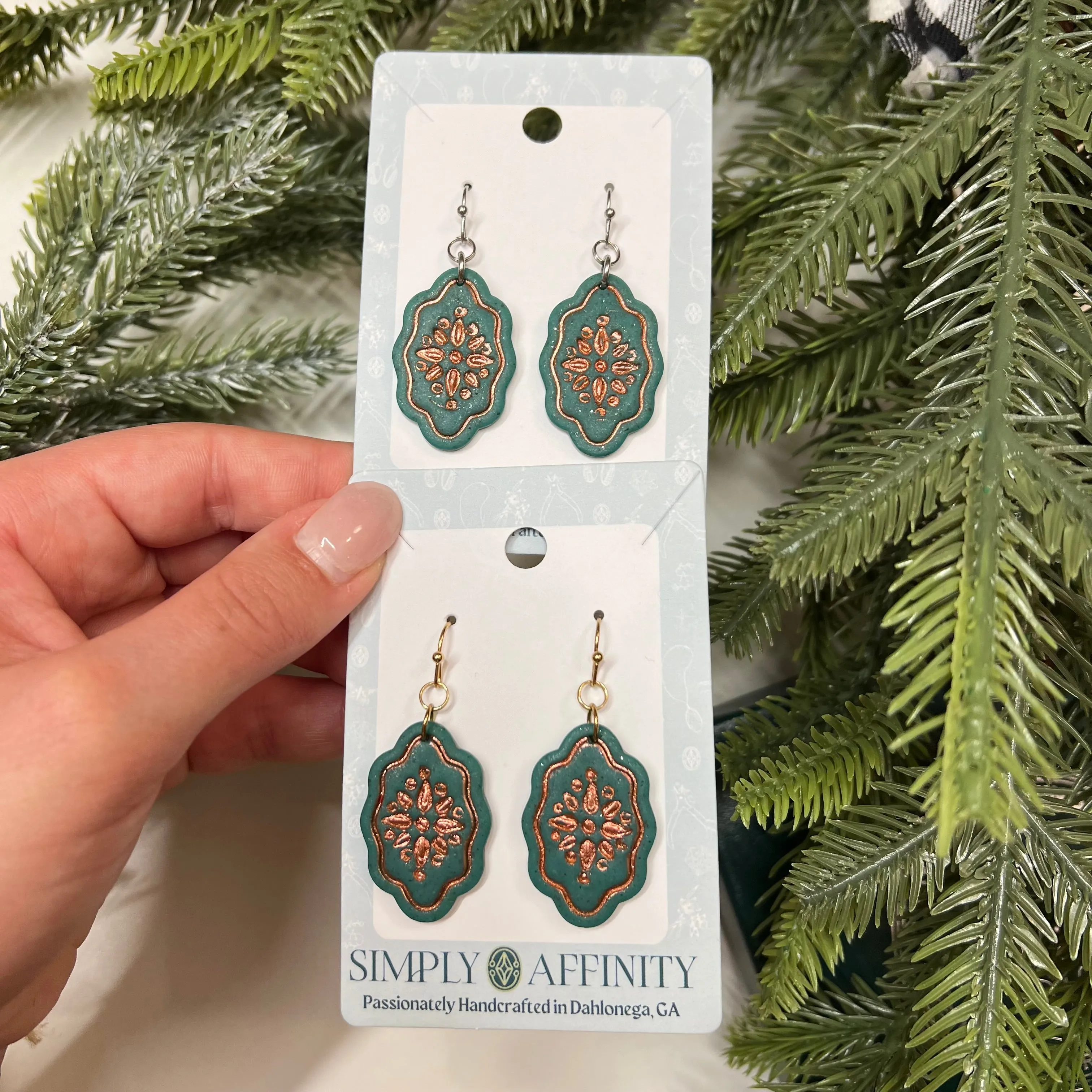 Mandala Imprint Scalloped Earrings in Green & Copper