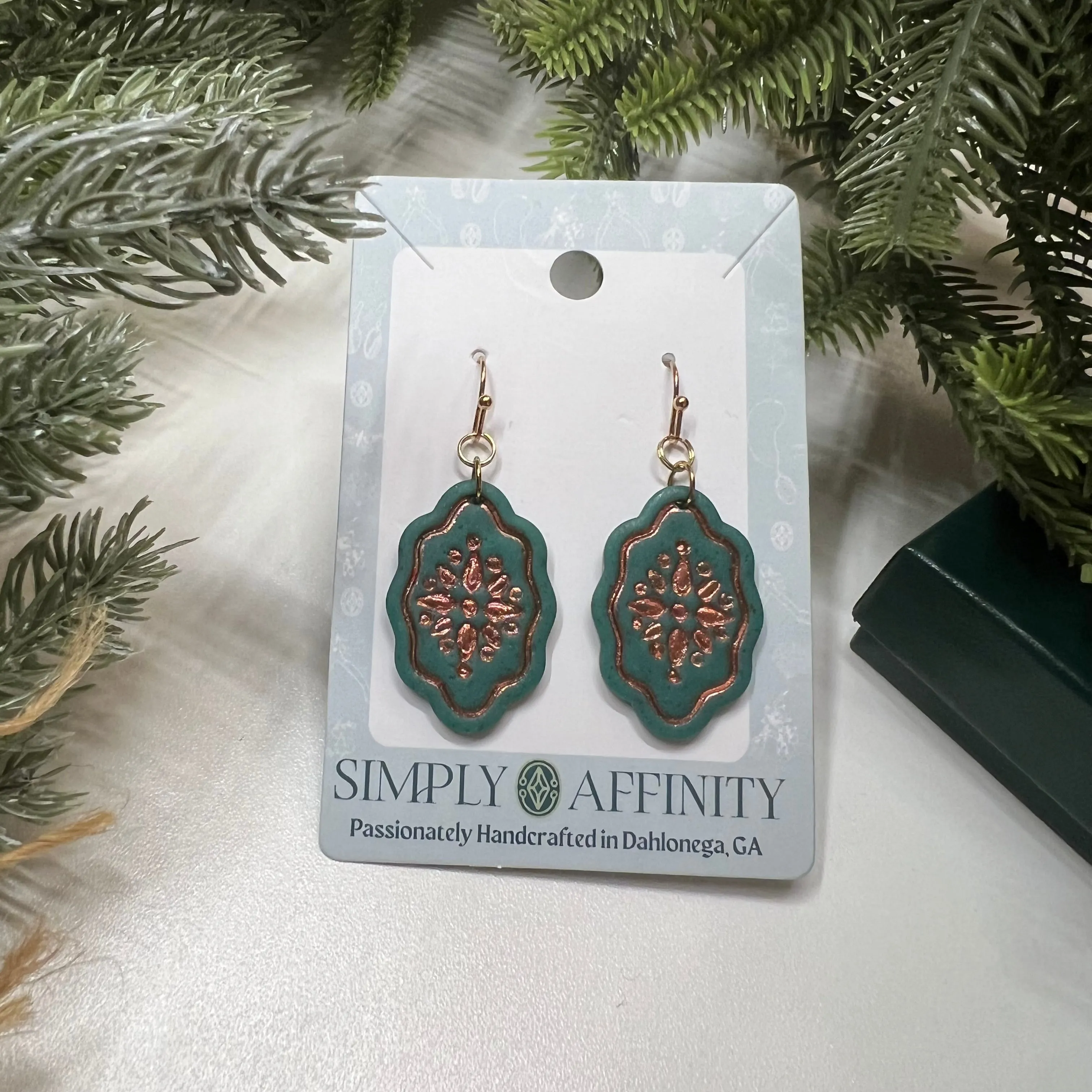 Mandala Imprint Scalloped Earrings in Green & Copper