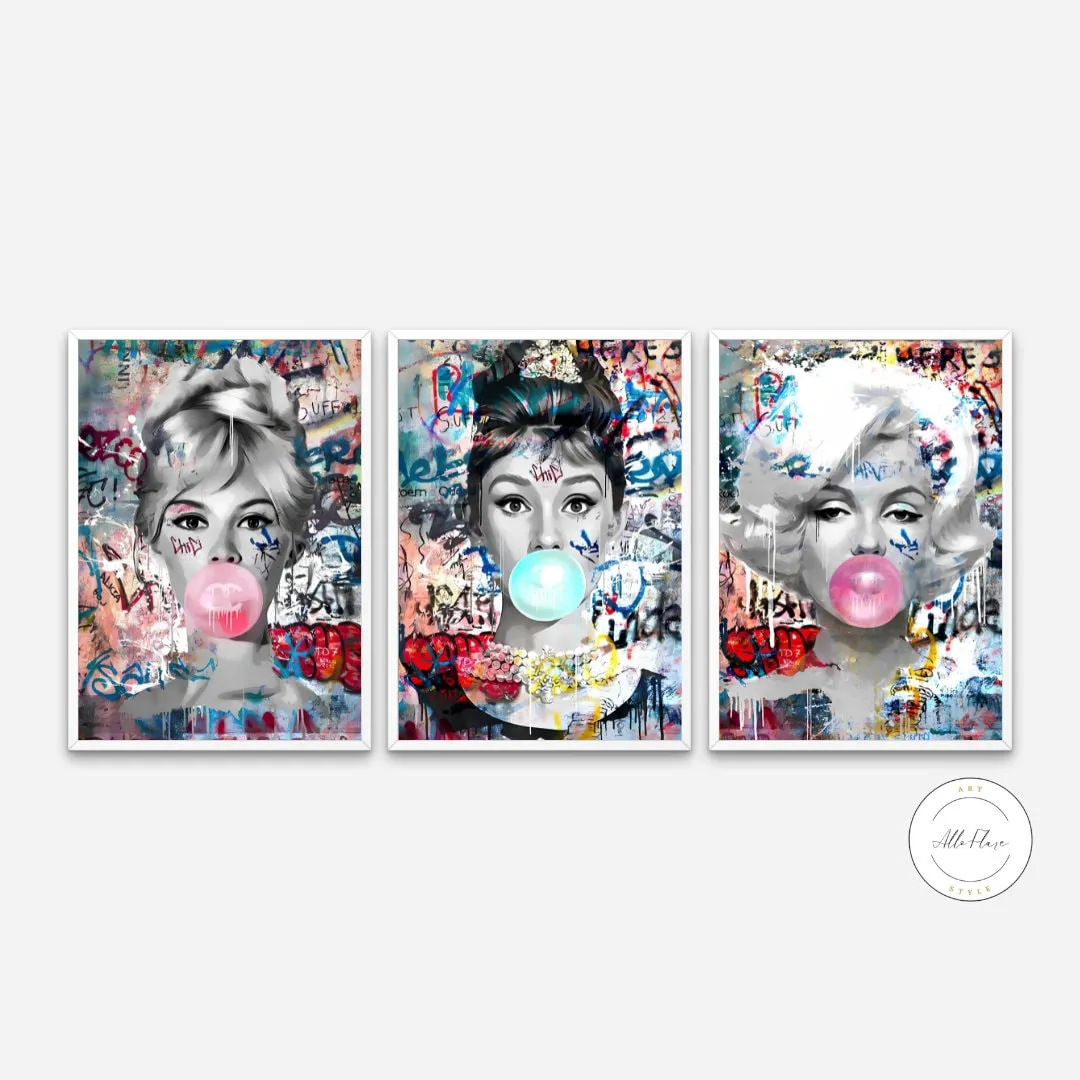 Marilyn Brigitte Audrey Bubble Gum Street Style Wall Art Set Of 3 PRINTABLE ART, Graffiti Wall Art, Banksy Wall Decor, Trendy Pop Art