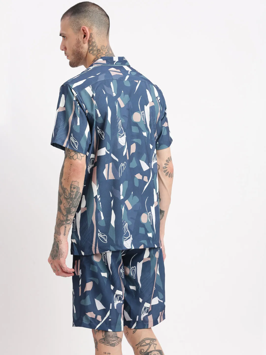 Men Abstract Cuban Collar Blue Co-Ords Set