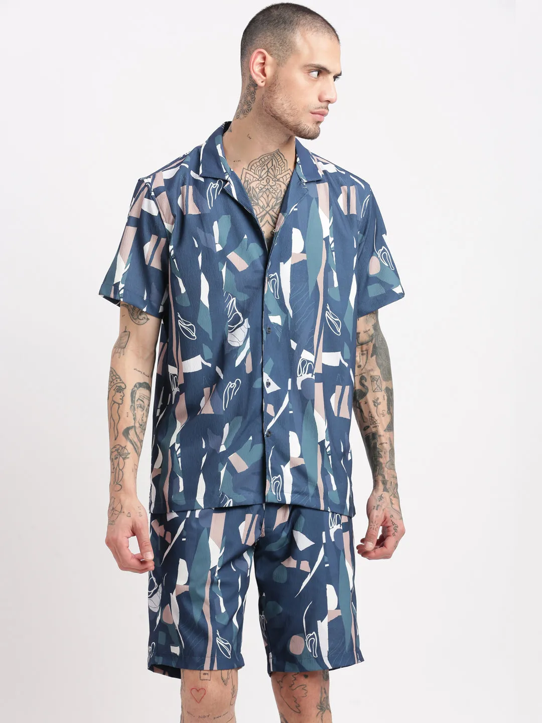 Men Abstract Cuban Collar Blue Co-Ords Set