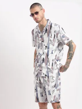 Men Abstract Cuban Collar Grey Co-Ords Set