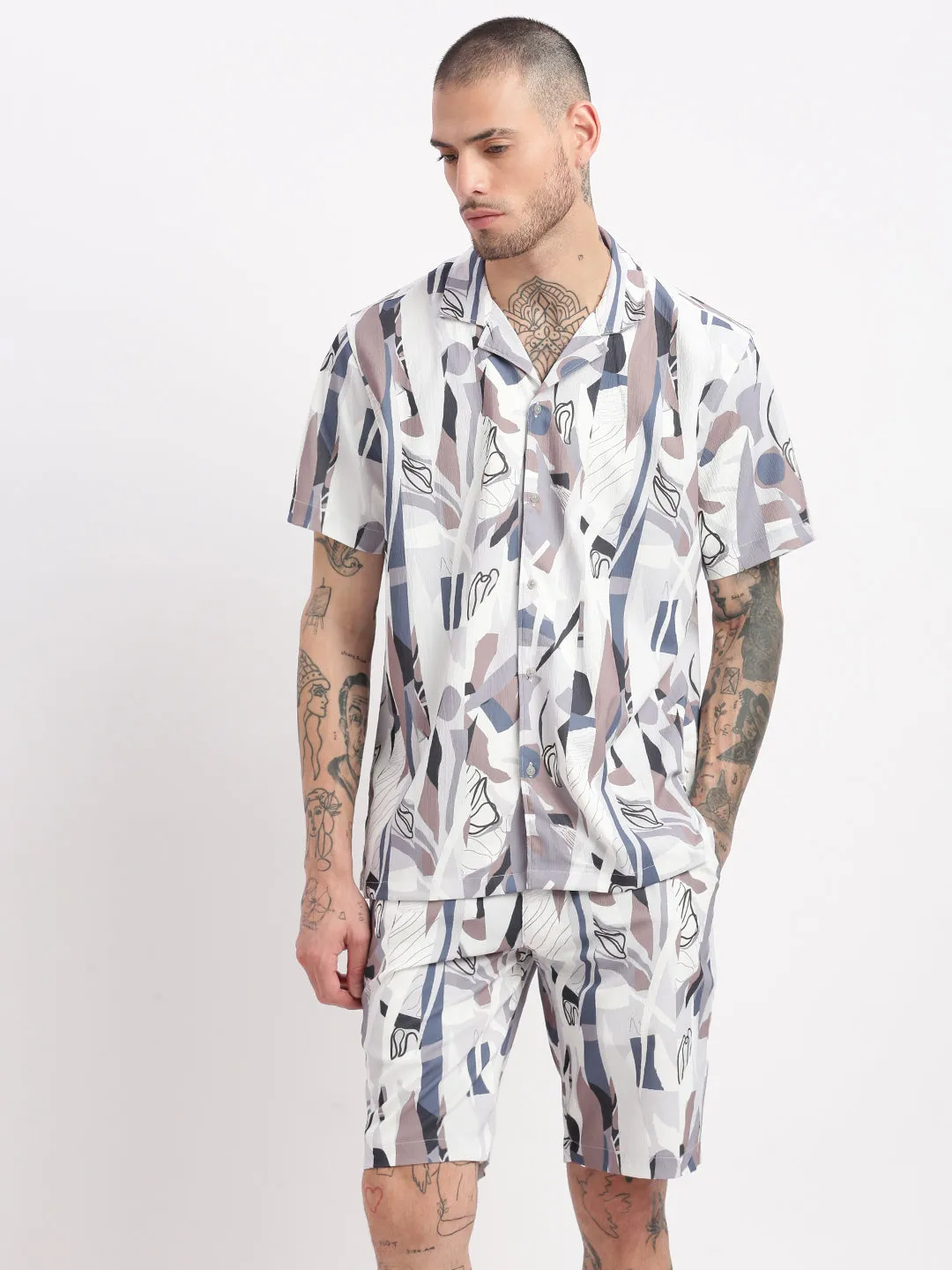 Men Abstract Cuban Collar Grey Co-Ords Set