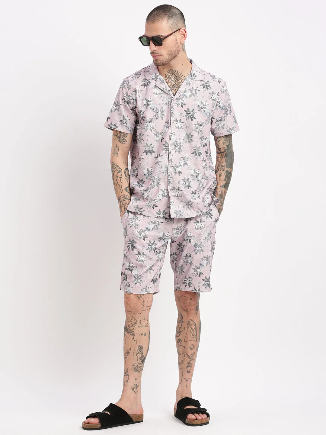 Men Abstract Cuban Collar Pink Co-Ords Set