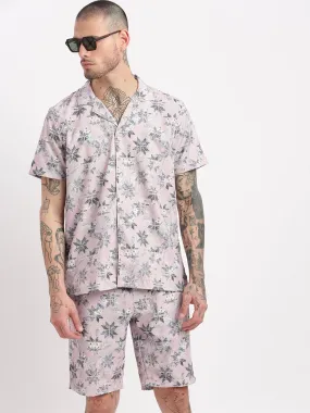 Men Abstract Cuban Collar Pink Co-Ords Set