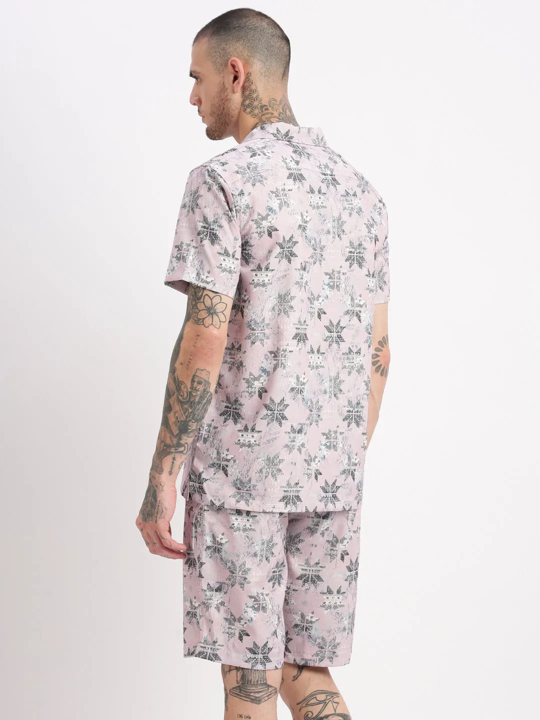 Men Abstract Cuban Collar Pink Co-Ords Set