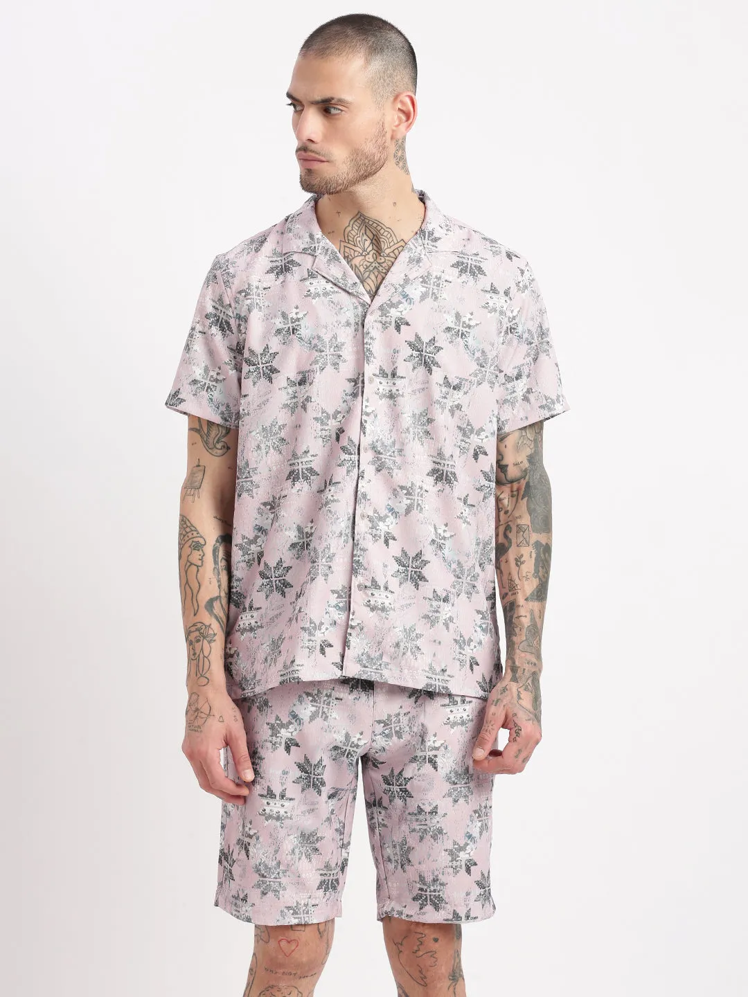 Men Abstract Cuban Collar Pink Co-Ords Set