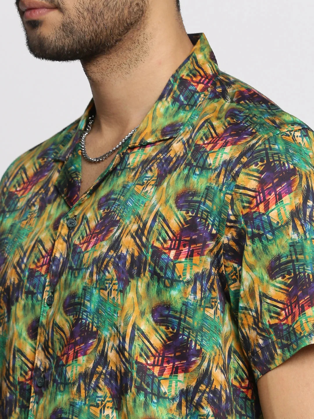 Men Green Cuban Collar Printed Over Sized Co-ords Set