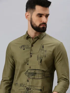 Men Olive Printed Casual Shirt