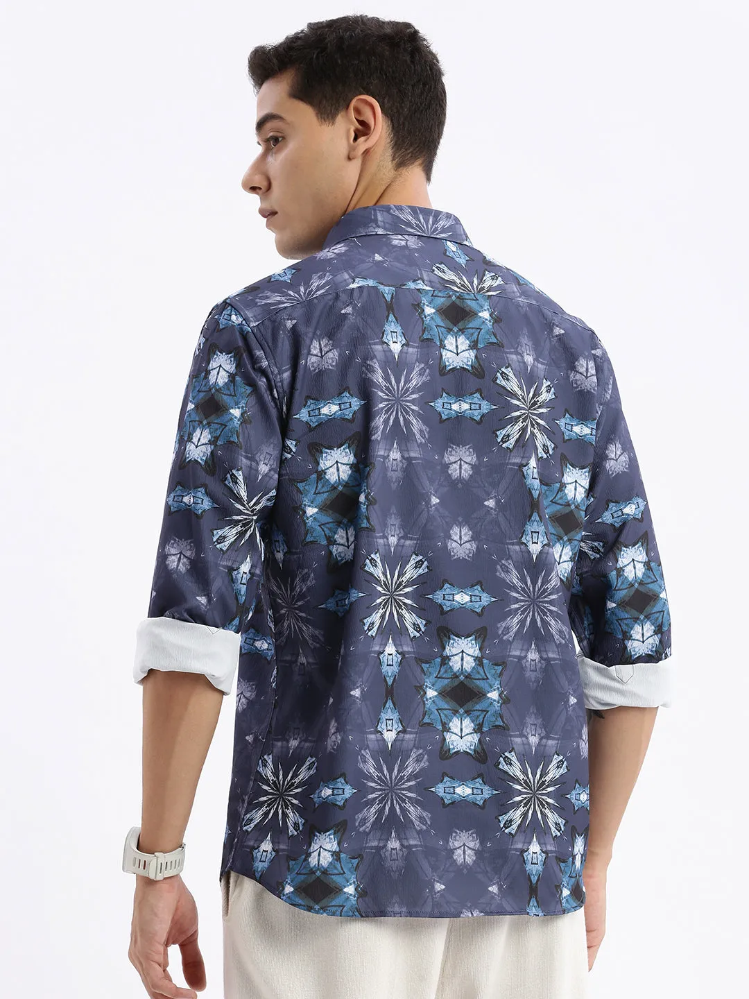 Men Spread Collar Abstract Slim Fit Blue Shirt