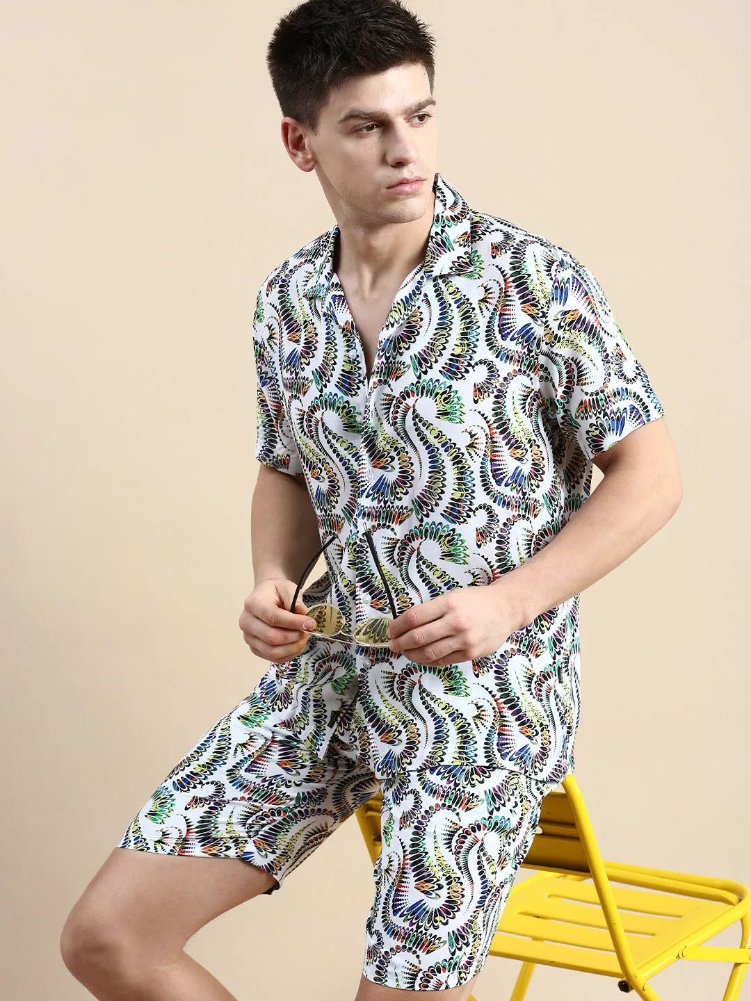 Men White Printed Casual Co ord Set