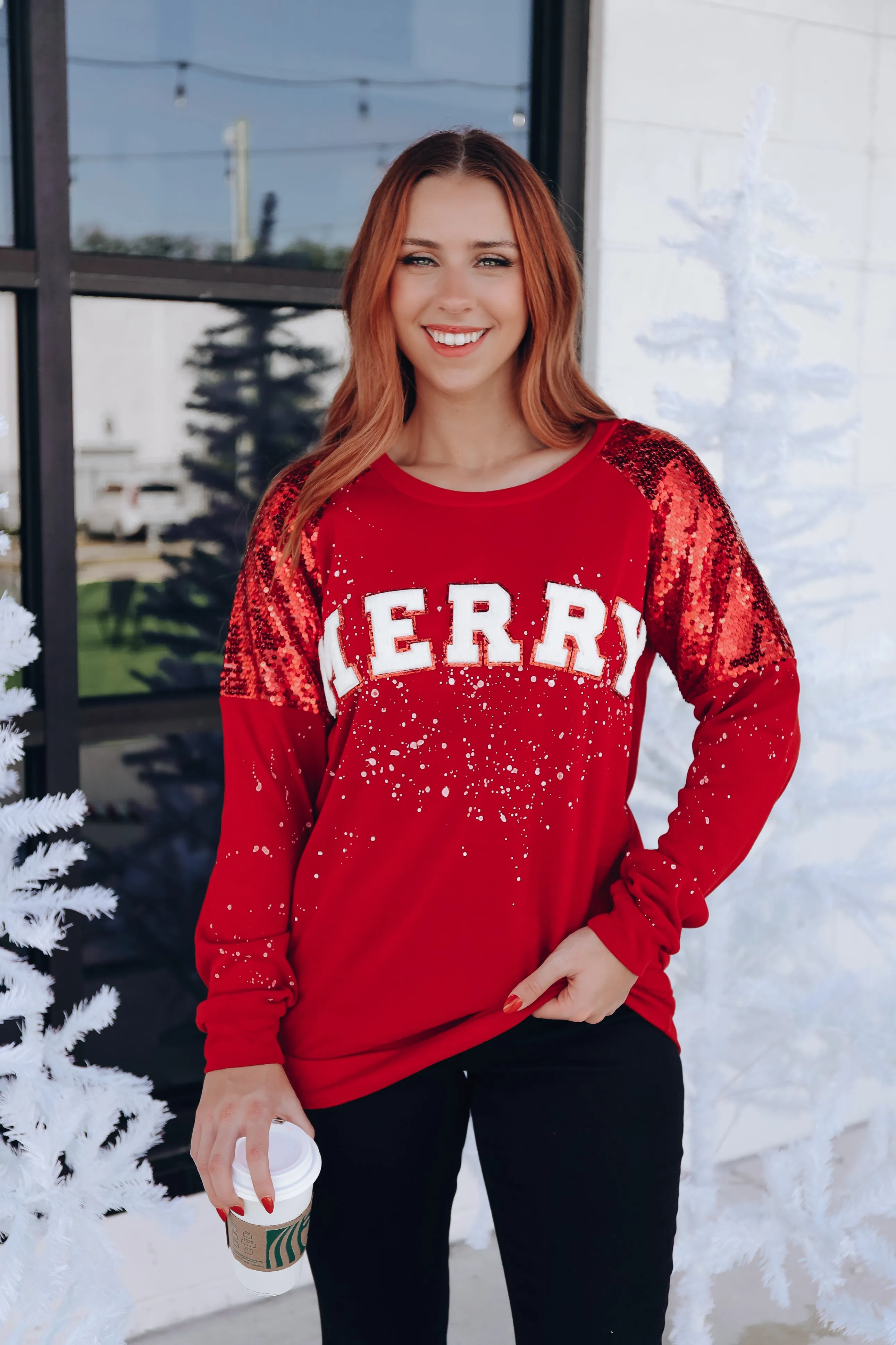 Merry Patch Sequin Sleeve Top - Red