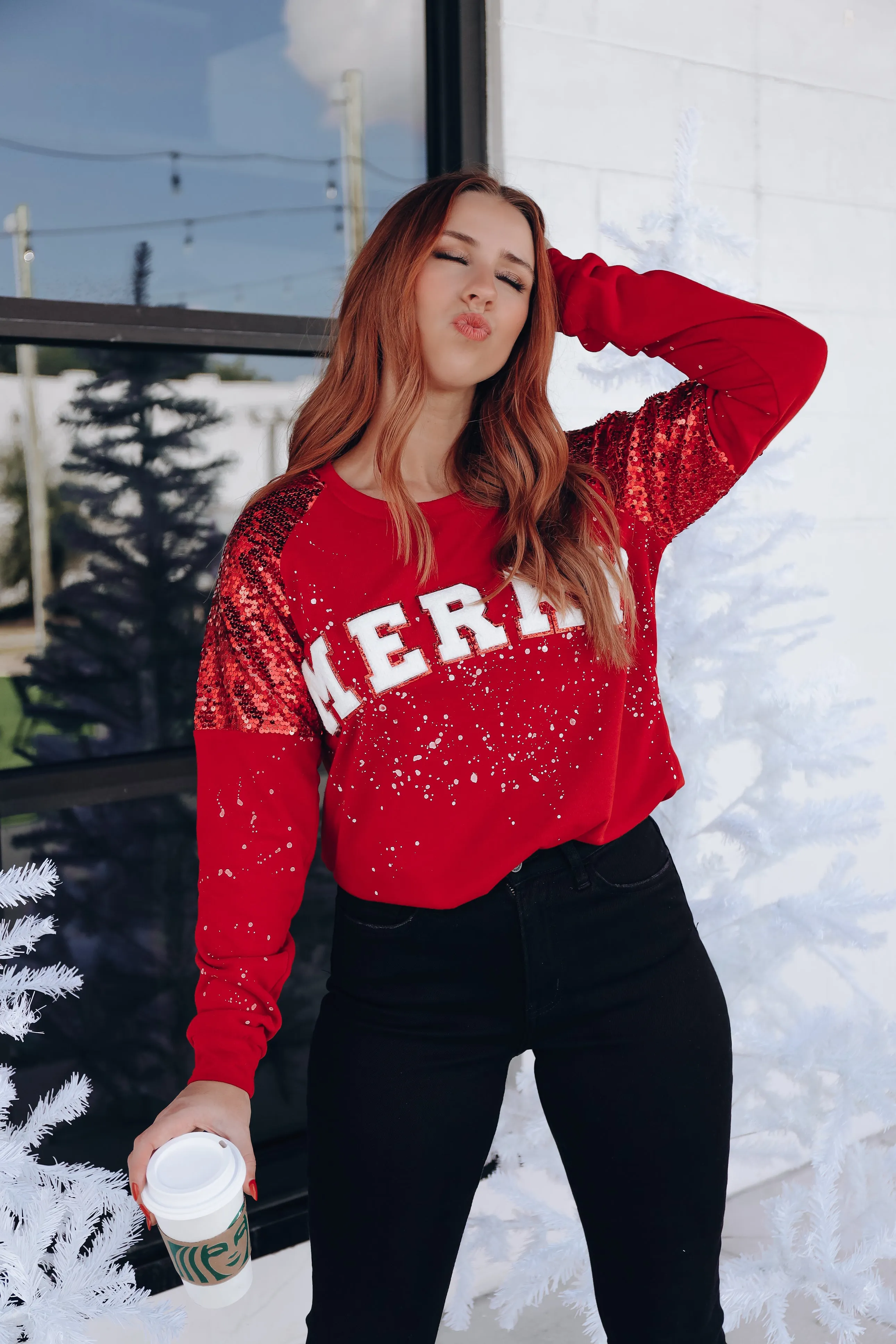 Merry Patch Sequin Sleeve Top - Red