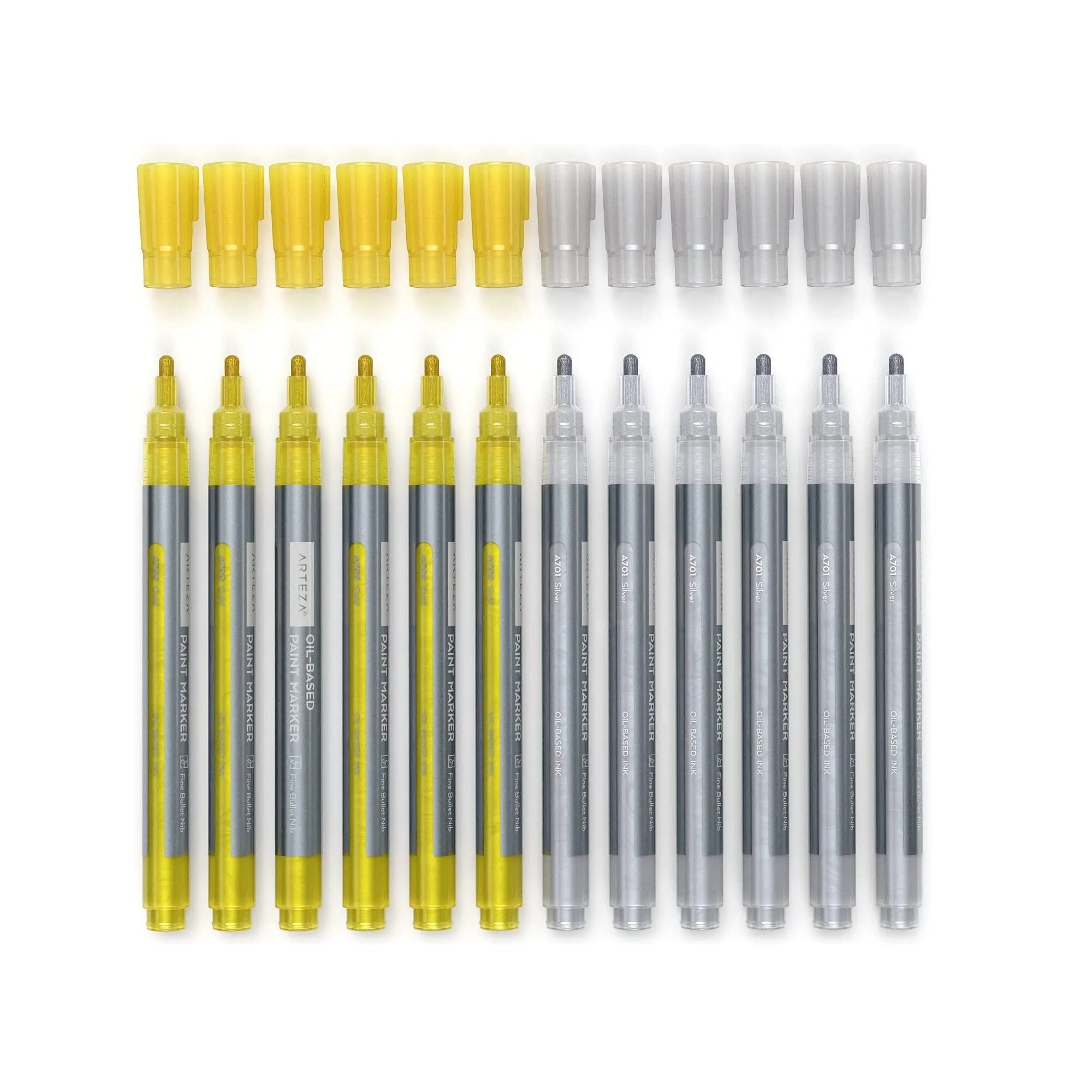 Metallic Oil-Based Paint Markers | 12-Pack | 6 Silver and 6 Gold | 1.3 mm Line | Small Barrel