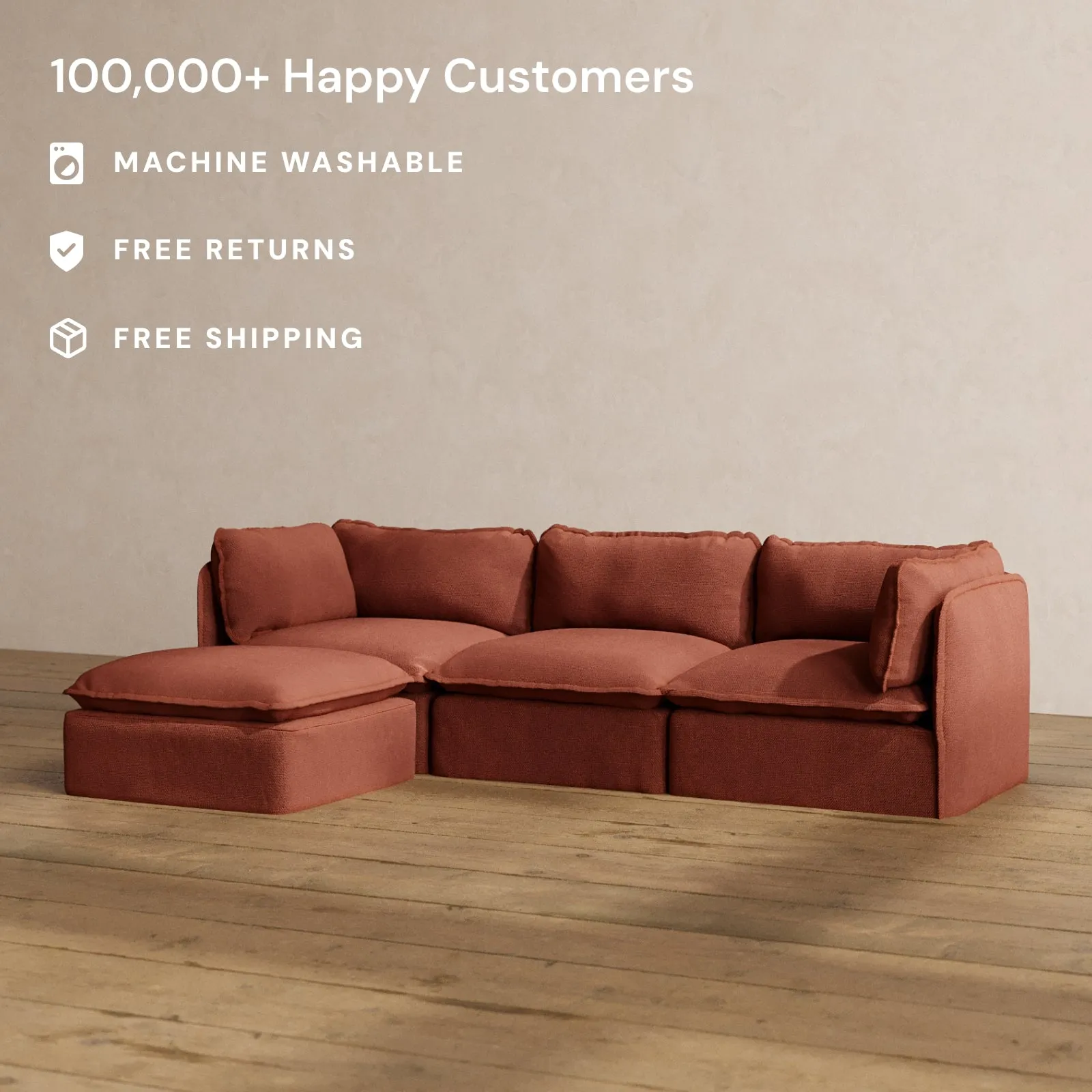 Modular Washable 3-Seater Sectional in Rust | Deluxe  Seat | Cloud Pillow