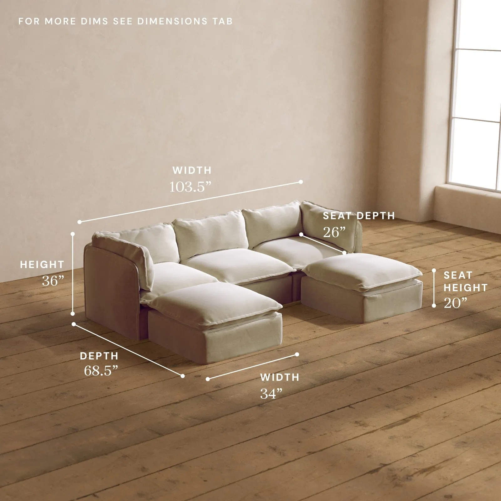 Modular Washable 3-Seater U-Sectional in Coco | Deluxe  Seat | Cloud Pillow