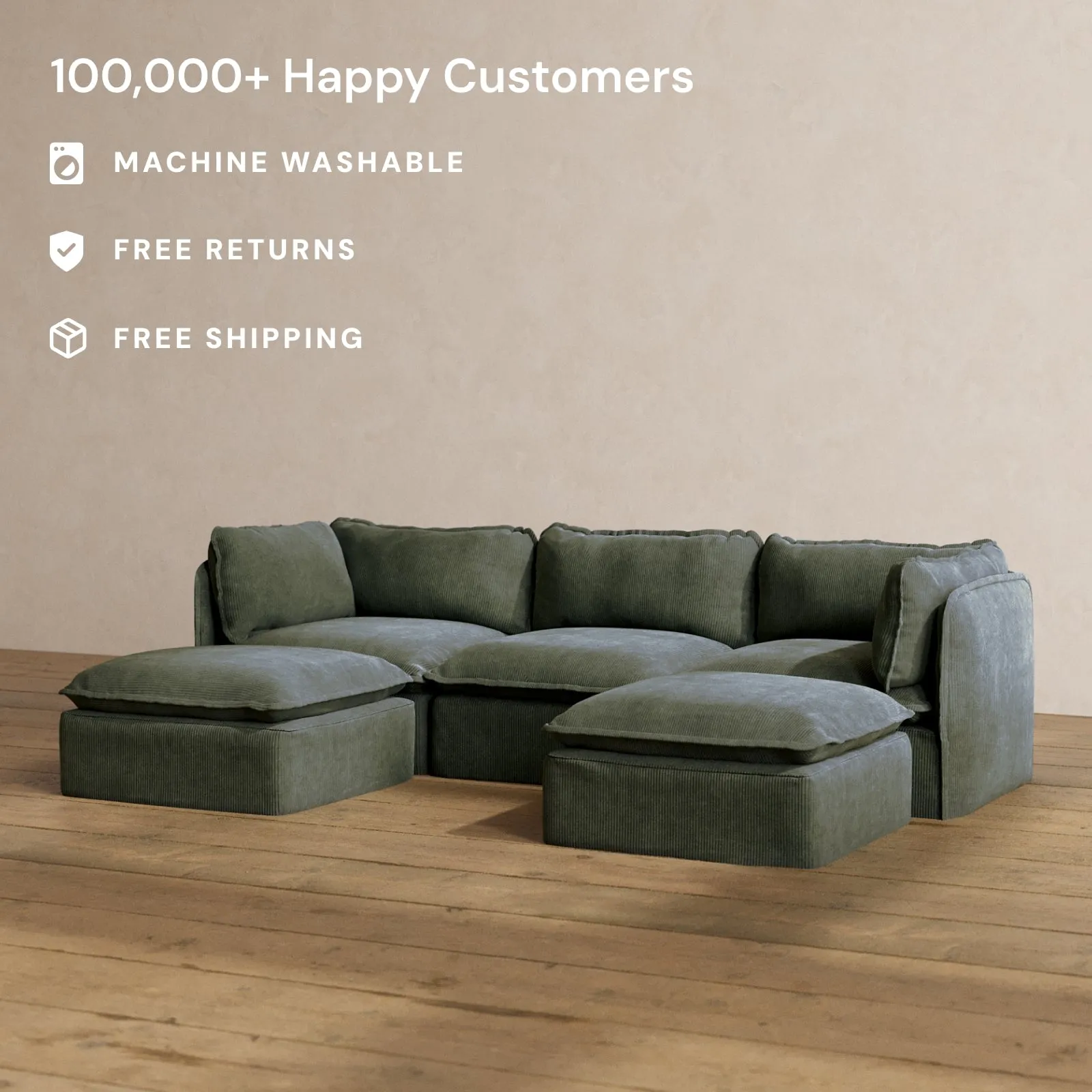 Modular Washable 3-Seater U-Sectional in Olivine | Deluxe  Seat | Cloud Pillow