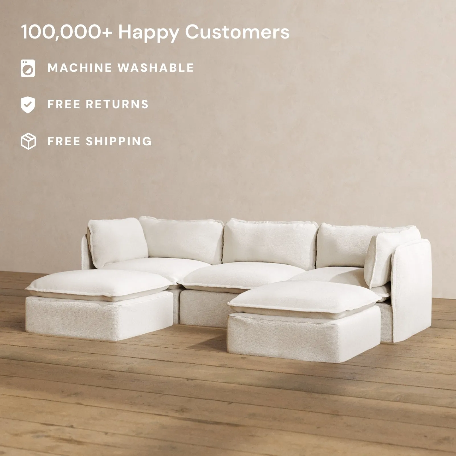 Modular Washable 3-Seater U-Sectional in Powder | Deluxe  Seat | Cloud Pillow