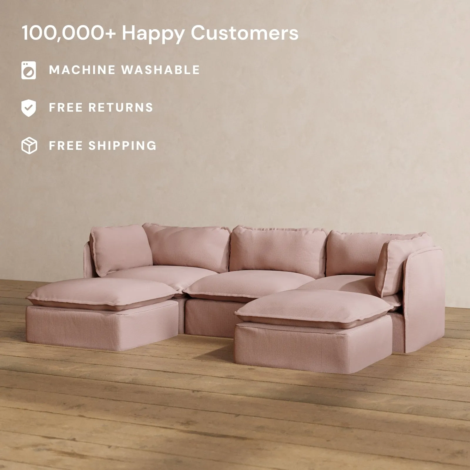 Modular Washable 3-Seater U-Sectional in Sakura | Deluxe  Seat | Cloud Pillow