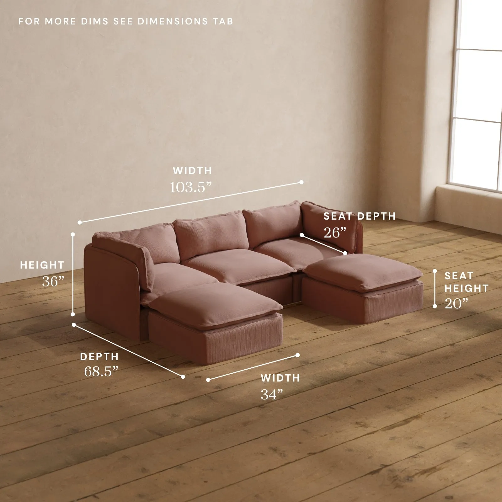 Modular Washable 3-Seater U-Sectional in Sakura | Deluxe  Seat | Cloud Pillow