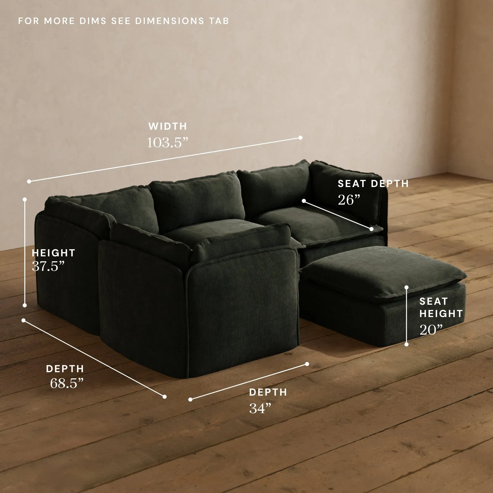 Modular Washable 4-Seater Corner Sectional   Ottoman in Olivine | Memorix  Seat | Contour Pillow