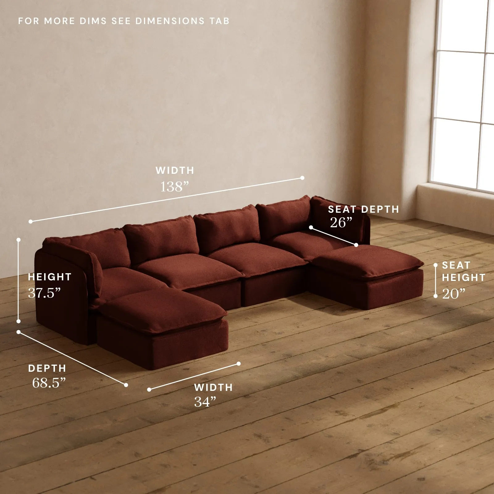 Modular Washable 4-Seater U-Sectional in Rust | Deluxe  Seat | Cloud Pillow