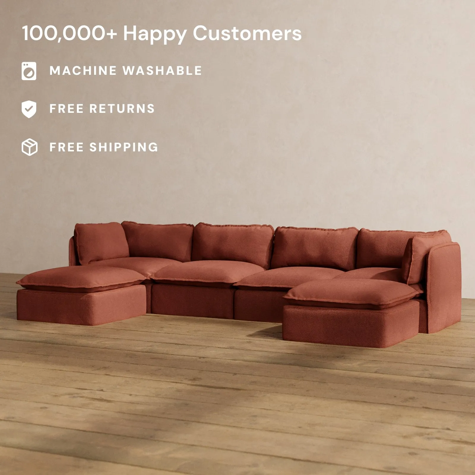 Modular Washable 4-Seater U-Sectional in Rust | Deluxe  Seat | Cloud Pillow