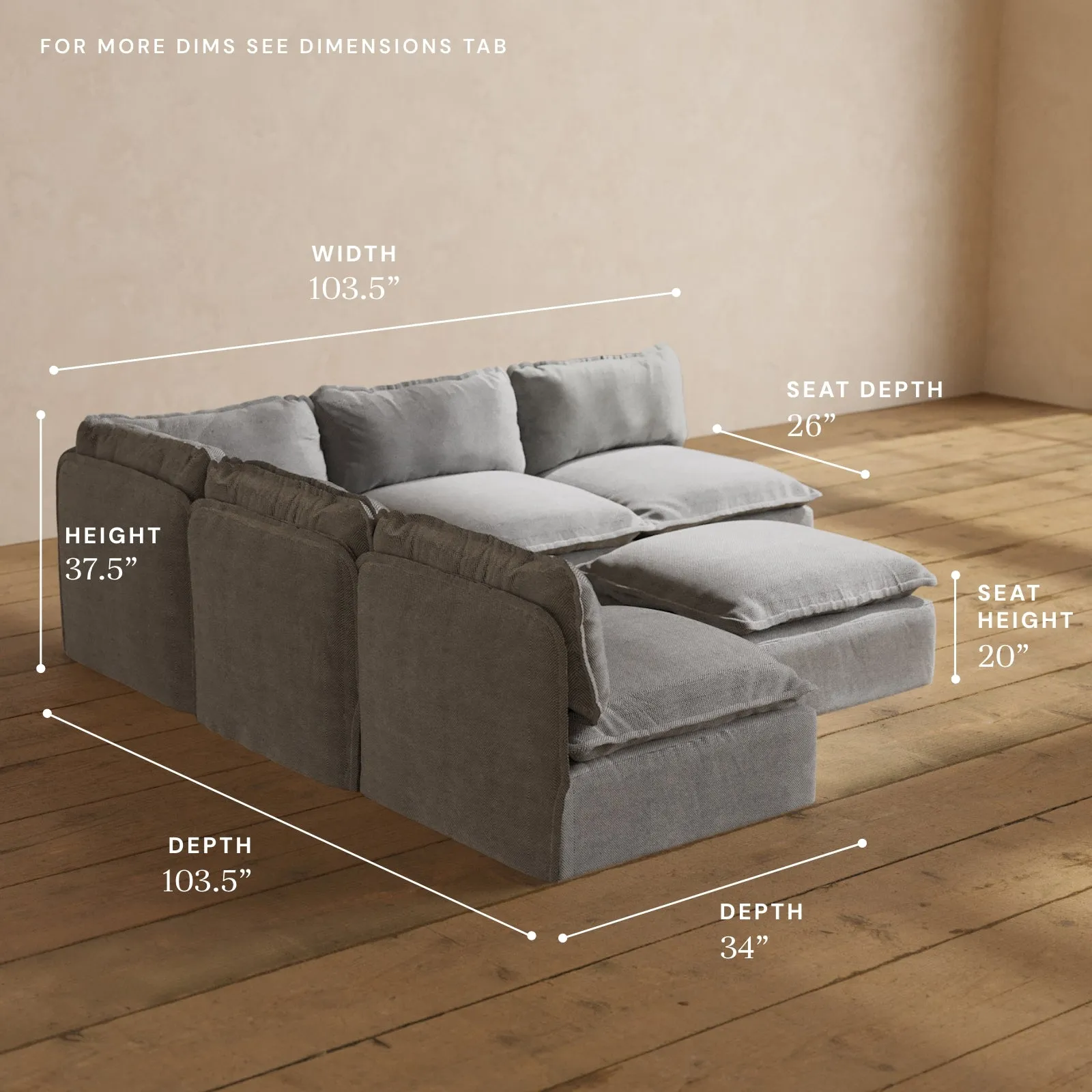 Modular Washable 5-Seater Open-Ends Corner Sectional   Ottoman in Ash | Deluxe  Seat | Cloud Pillow