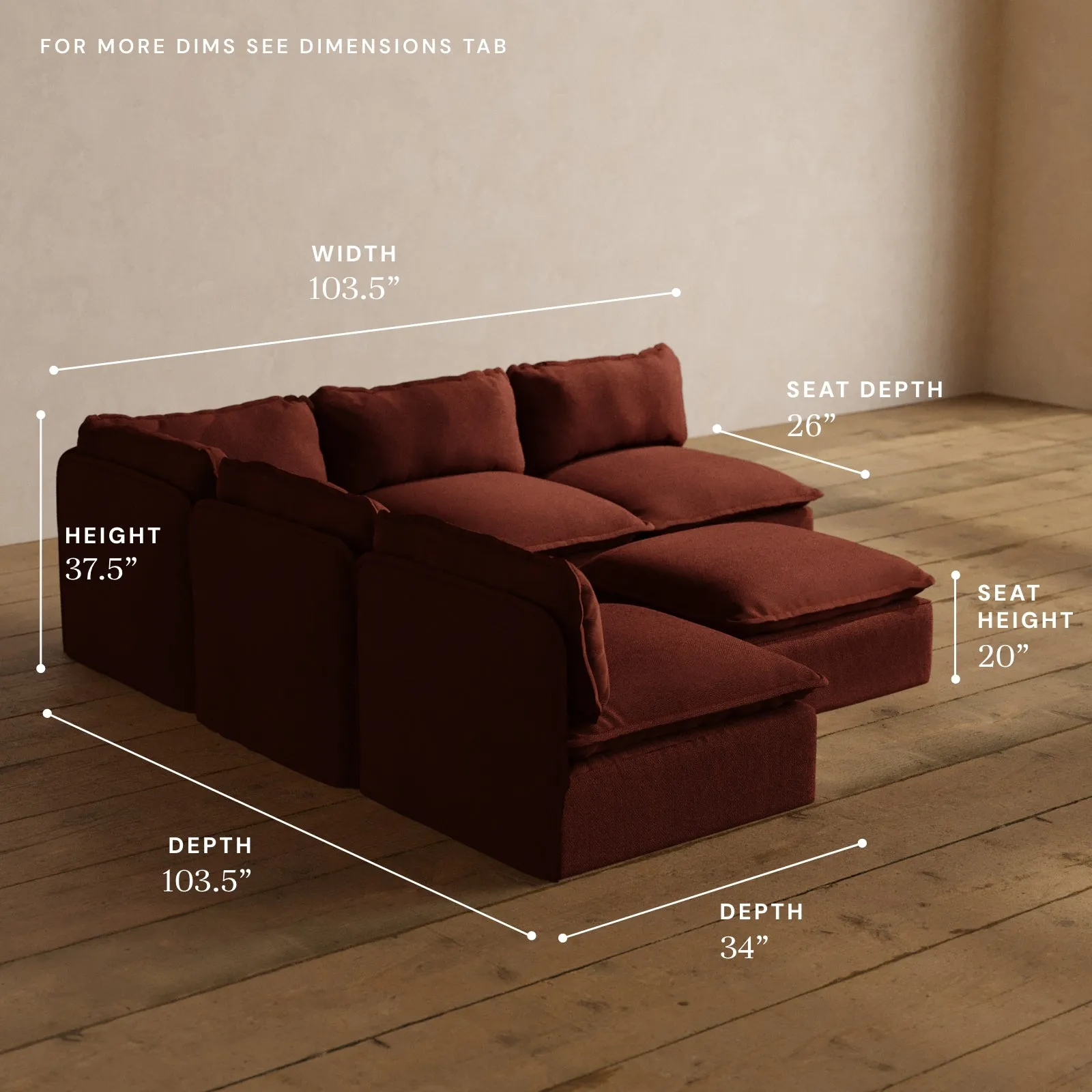 Modular Washable 5-Seater Open-Ends Corner Sectional   Ottoman in Rust | Deluxe  Seat | Cloud Pillow