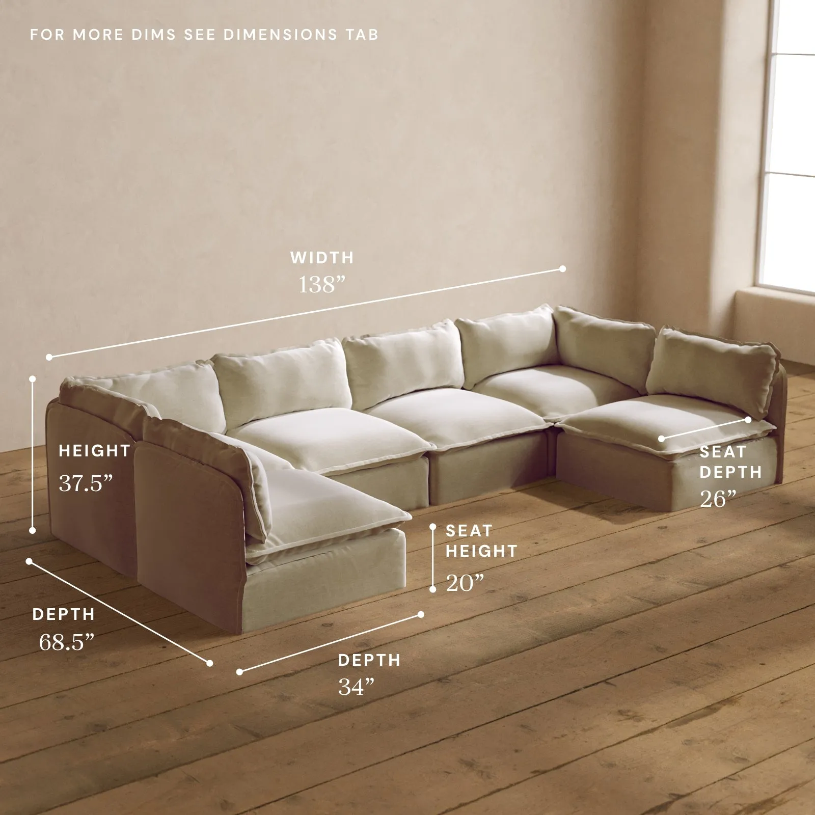 Modular Washable 6-Seater Open-Ends U-Sectional in Coco | Deluxe  Seat | Cloud Pillow