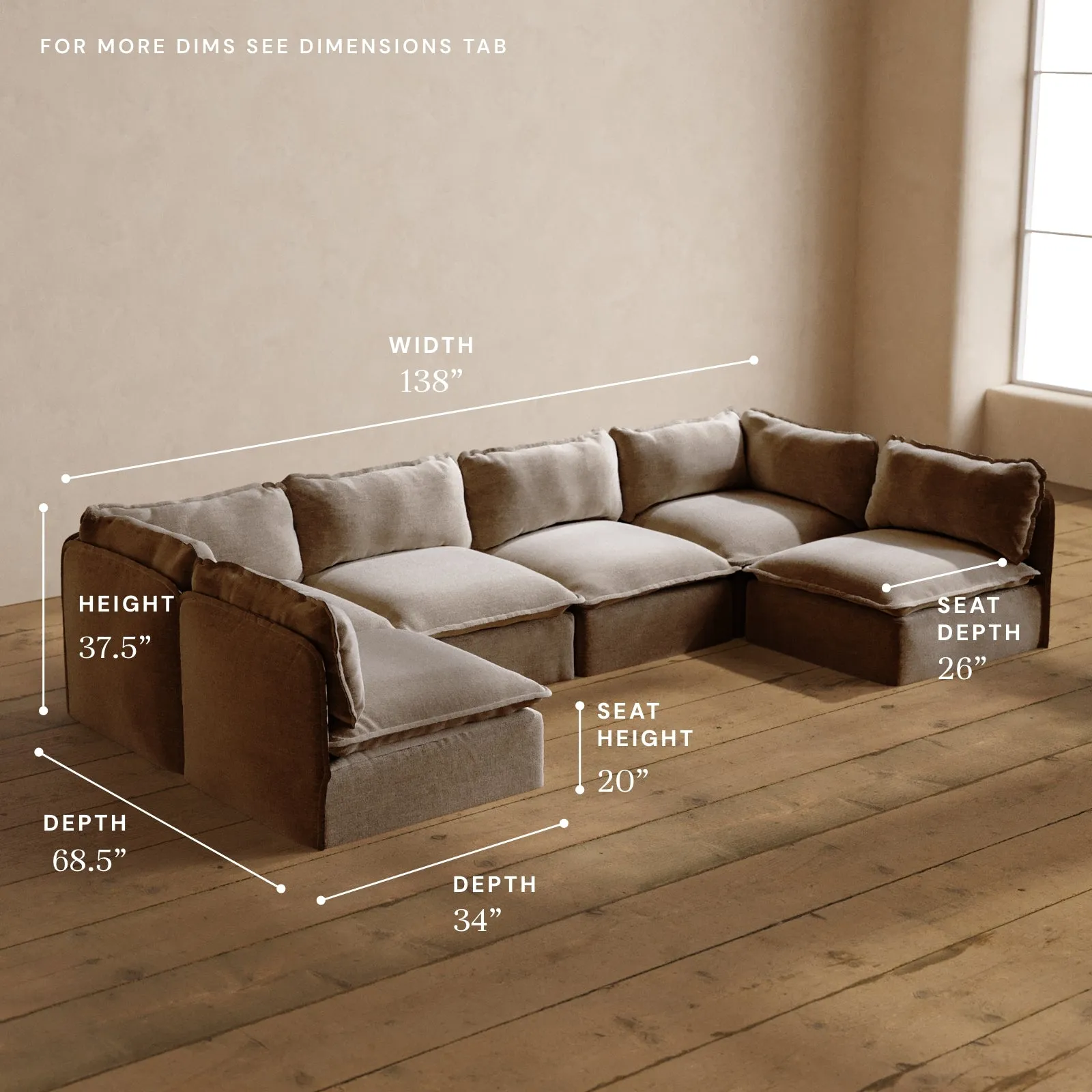 Modular Washable 6-Seater Open-Ends U-Sectional in Mist | Deluxe  Seat | Cloud Pillow