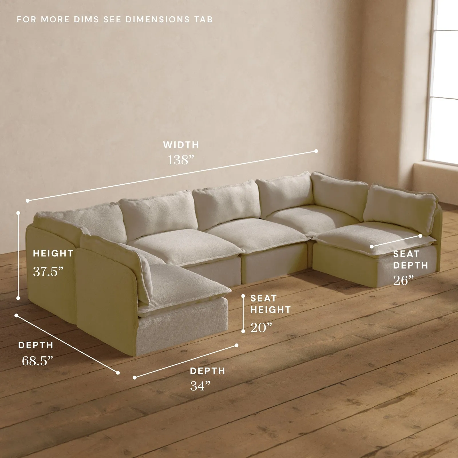 Modular Washable 6-Seater Open-Ends U-Sectional in Powder | Memorix  Seat | Contour Pillow