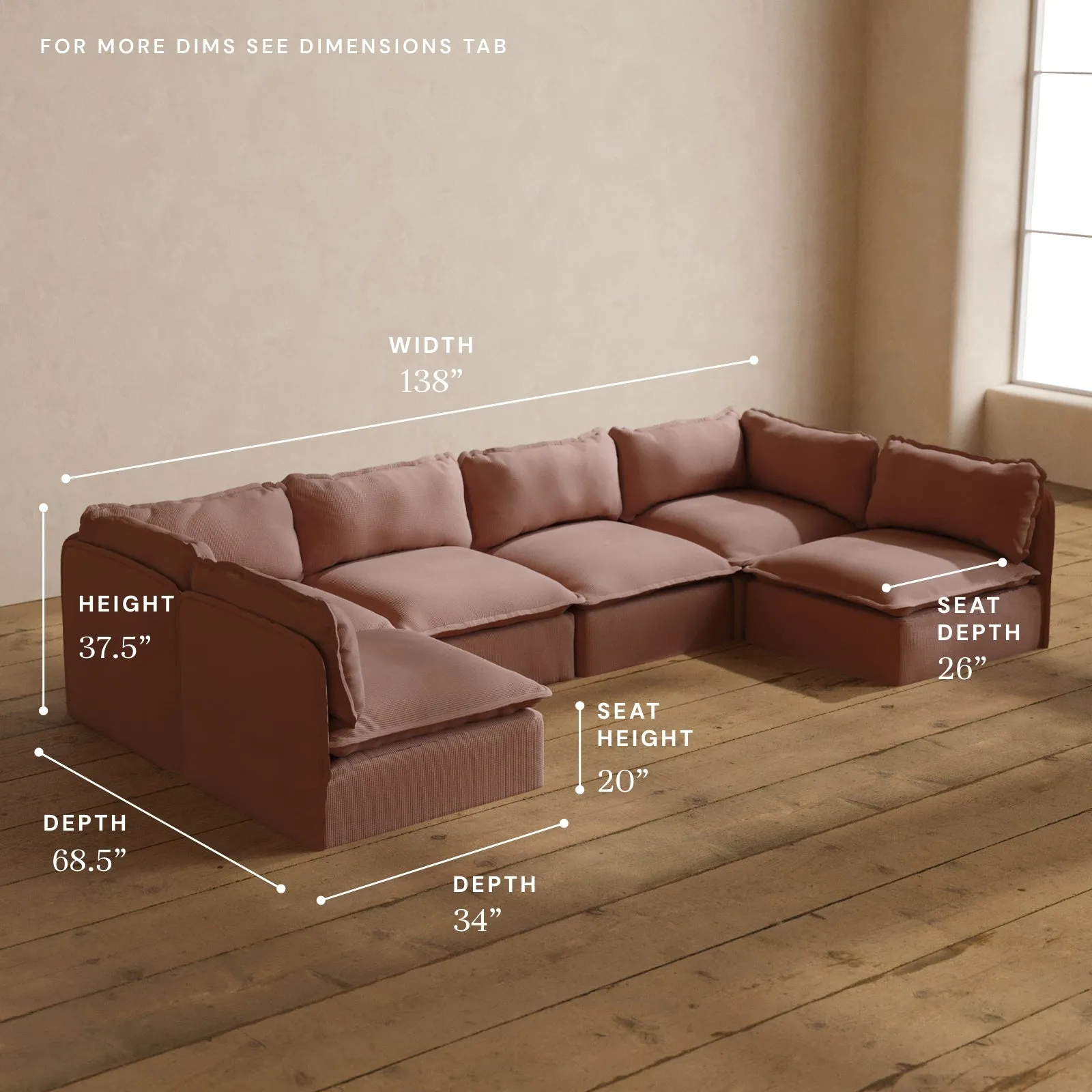 Modular Washable 6-Seater Open-Ends U-Sectional in Sakura | Deluxe  Seat | Cloud Pillow