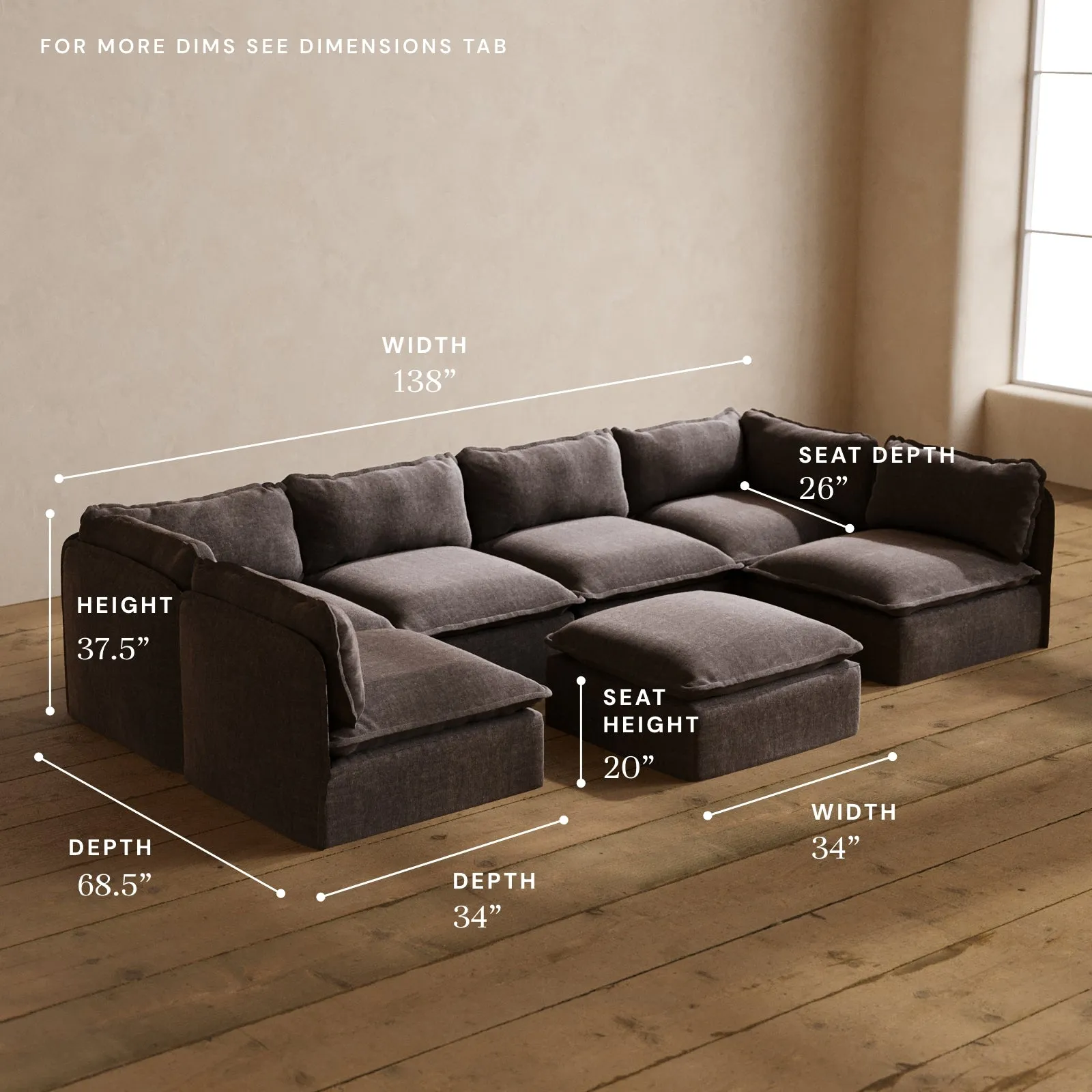 Modular Washable 6-Seater Open-Ends U-Sectional   Ottoman in Caviar | Deluxe  Seat | Cloud Pillow