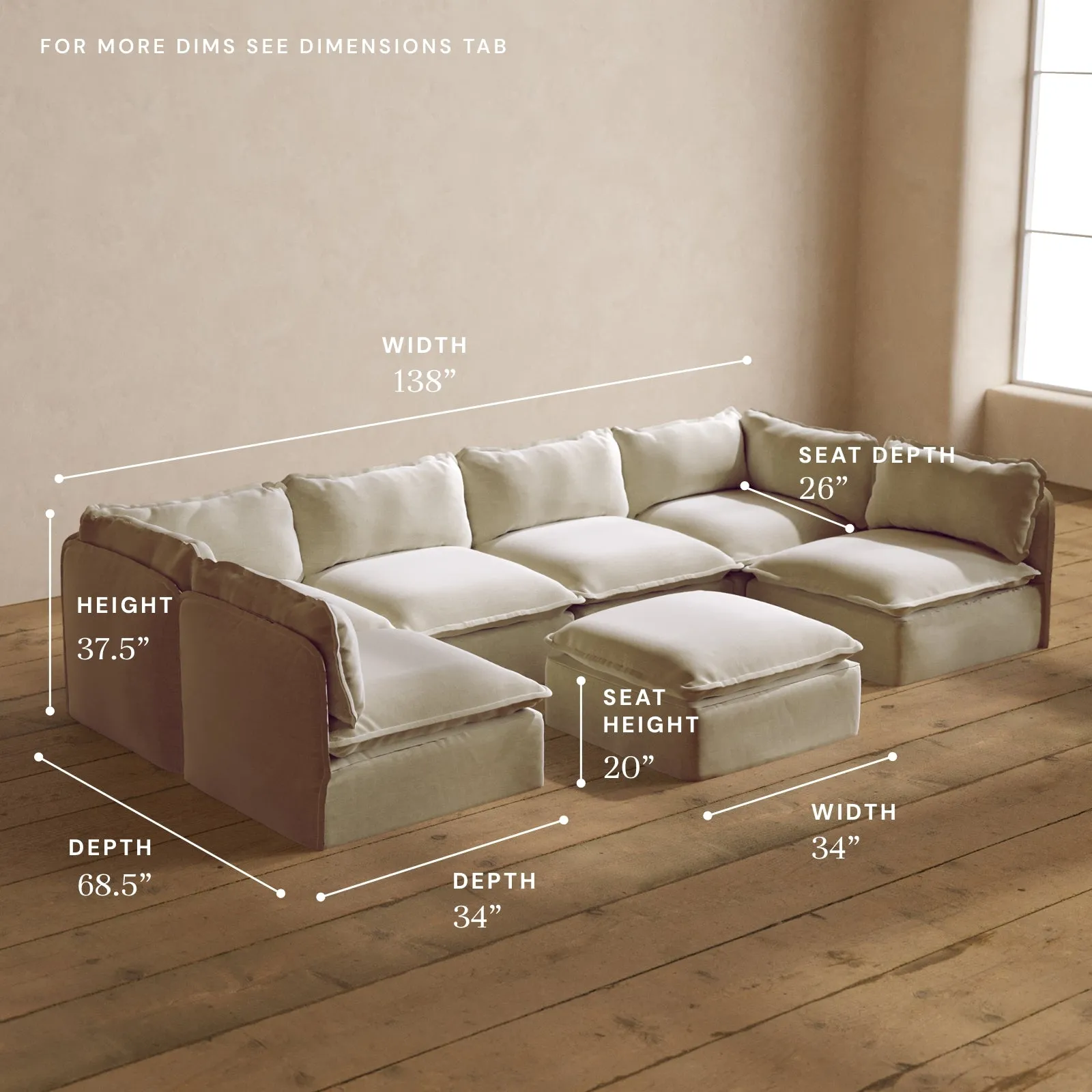 Modular Washable 6-Seater Open-Ends U-Sectional   Ottoman in Coco | Deluxe  Seat | Cloud Pillow