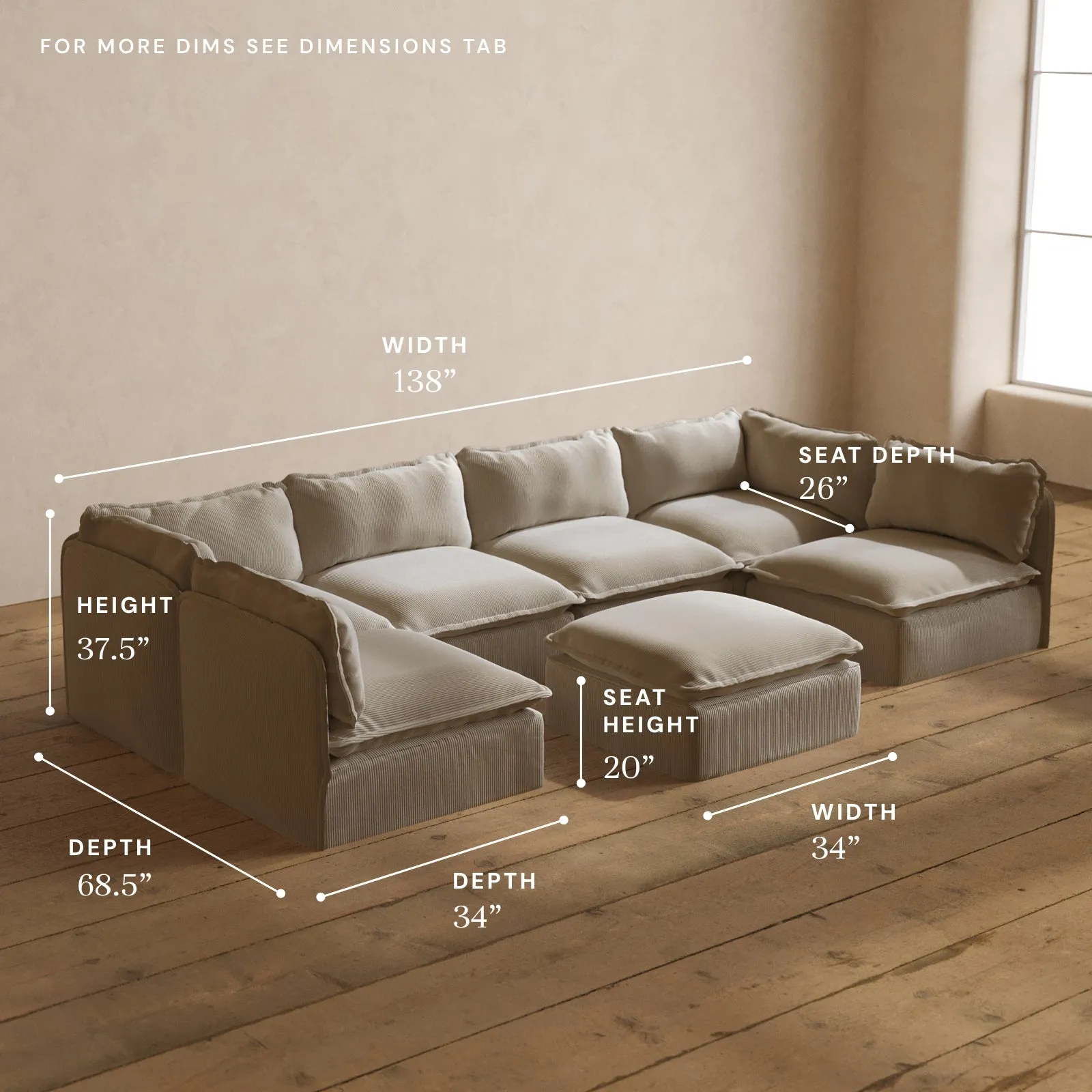 Modular Washable 6-Seater Open-Ends U-Sectional   Ottoman in Milk | Deluxe  Seat | Cloud Pillow