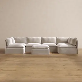 Modular Washable 6-Seater Open-Ends U-Sectional   Ottoman in Mist | Deluxe  Seat | Cloud Pillow