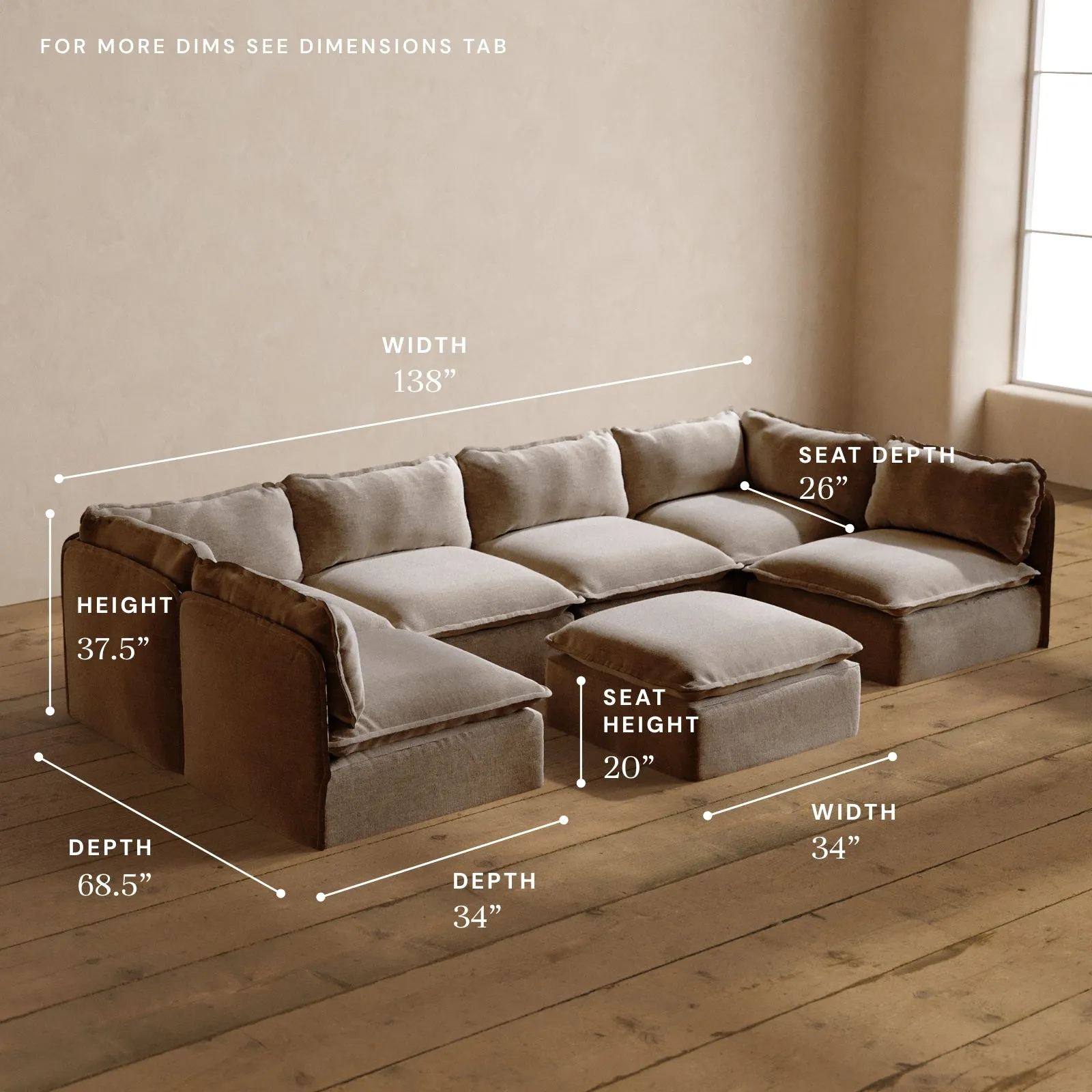 Modular Washable 6-Seater Open-Ends U-Sectional   Ottoman in Mist | Deluxe  Seat | Cloud Pillow