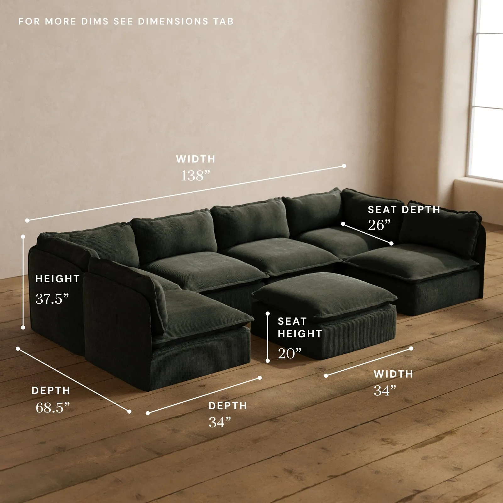 Modular Washable 6-Seater Open-Ends U-Sectional   Ottoman in Olivine | Deluxe  Seat | Cloud Pillow