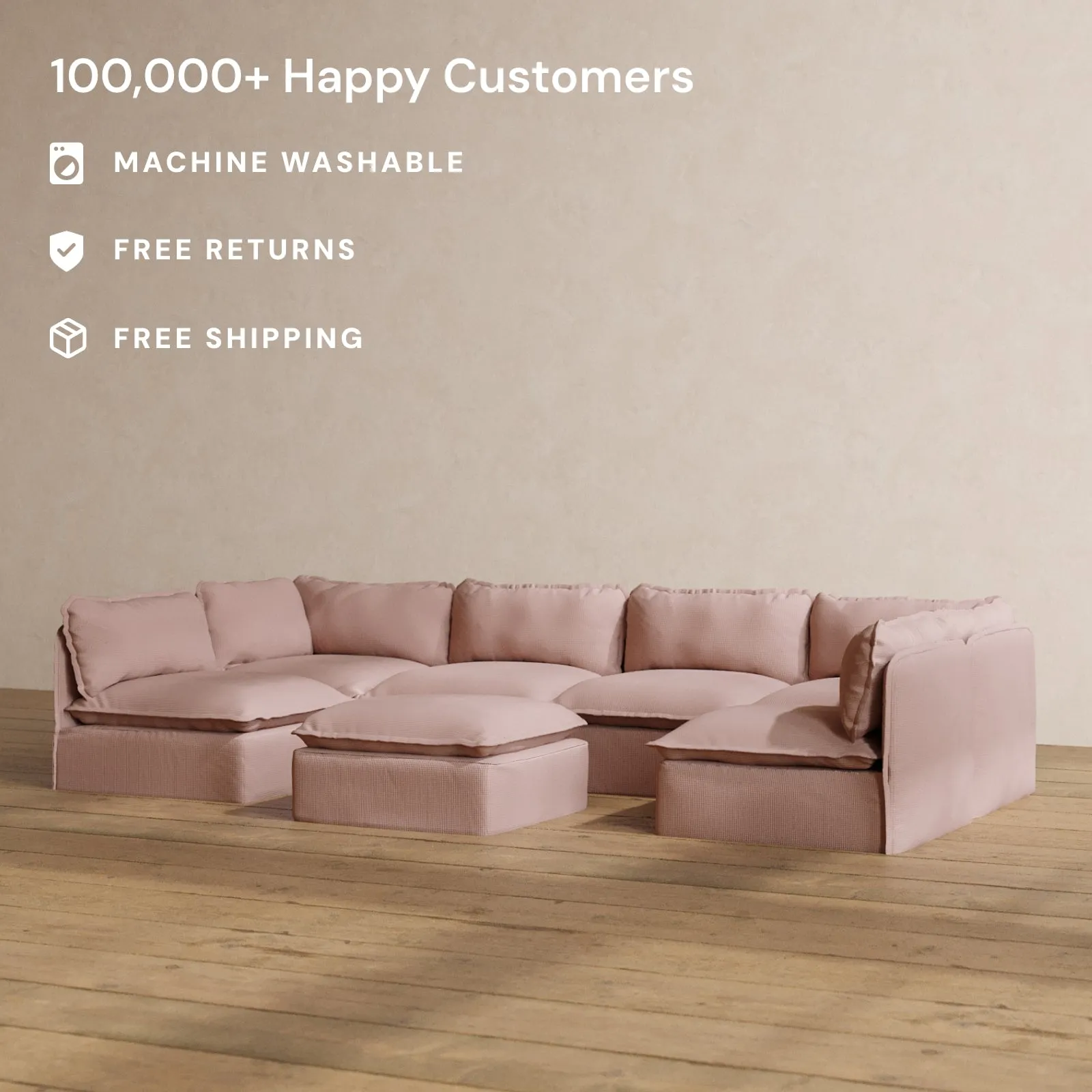 Modular Washable 6-Seater Open-Ends U-Sectional   Ottoman in Sakura | Deluxe  Seat | Cloud Pillow