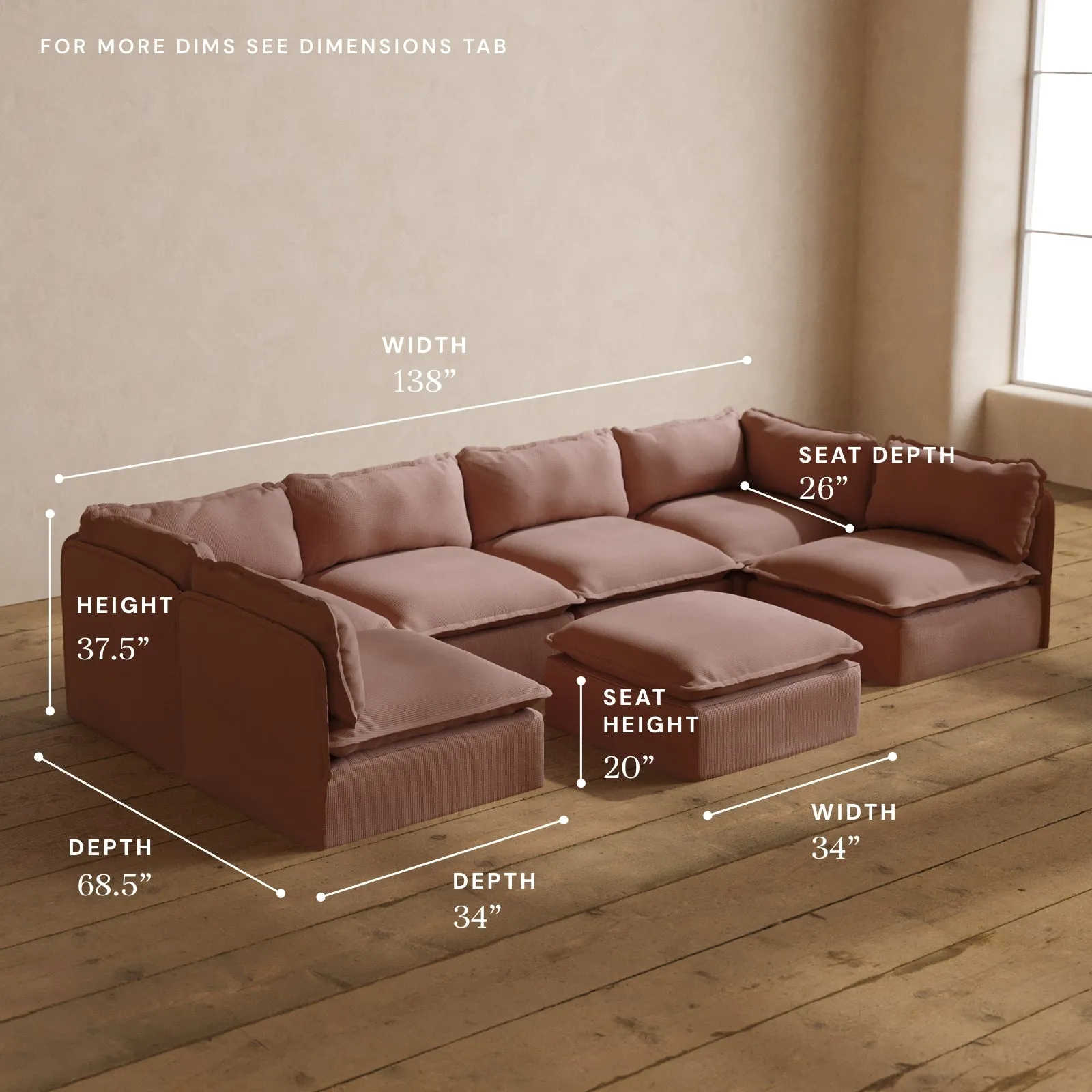 Modular Washable 6-Seater Open-Ends U-Sectional   Ottoman in Sakura | Deluxe  Seat | Cloud Pillow