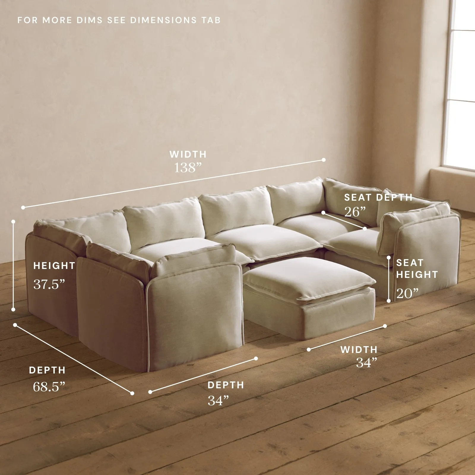 Modular Washable 6-Seater U-Sectional   Ottoman in Coco | Deluxe  Seat | Cloud Pillow