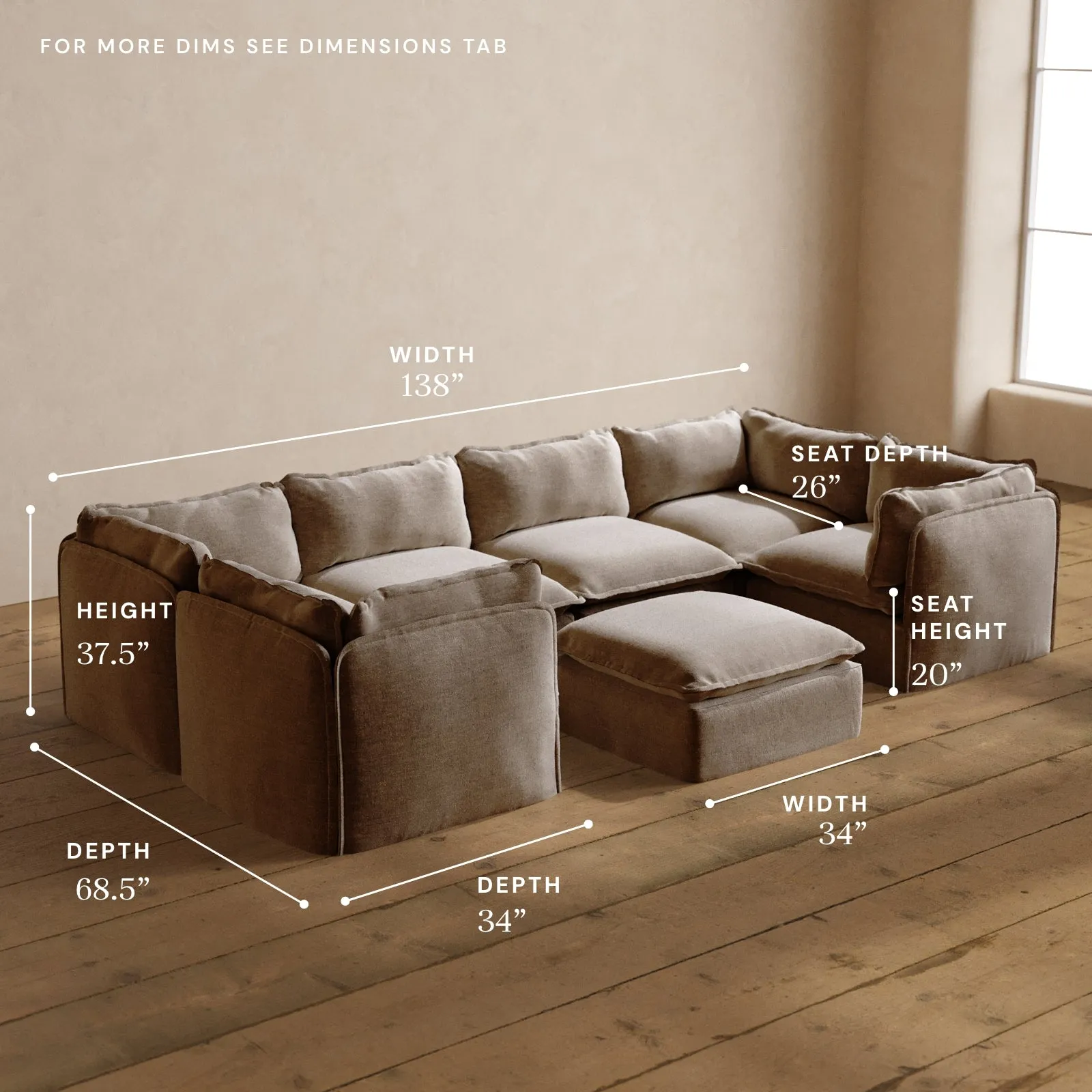 Modular Washable 6-Seater U-Sectional   Ottoman in Mist | Deluxe  Seat | Cloud Pillow