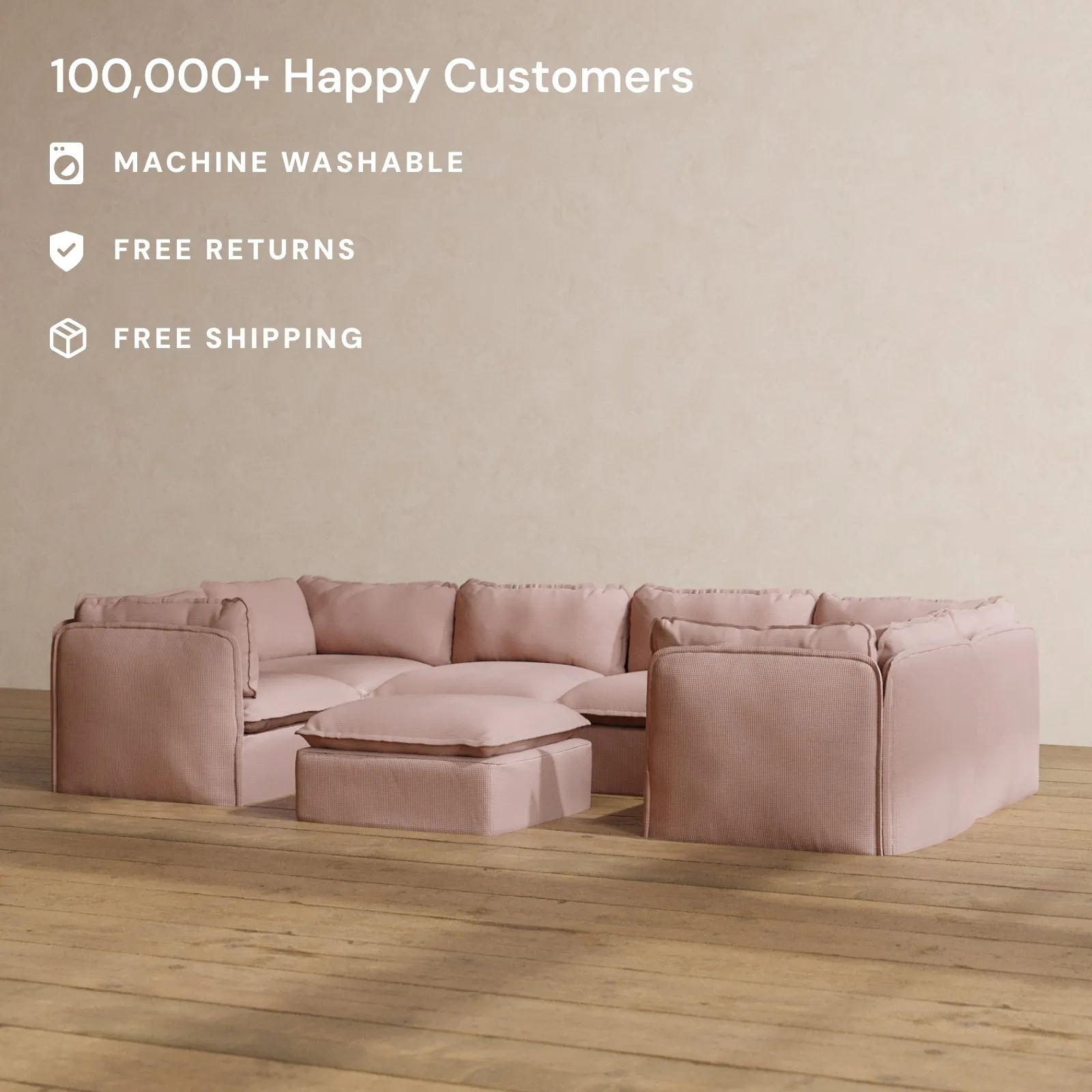 Modular Washable 6-Seater U-Sectional   Ottoman in Sakura | Deluxe  Seat | Cloud Pillow