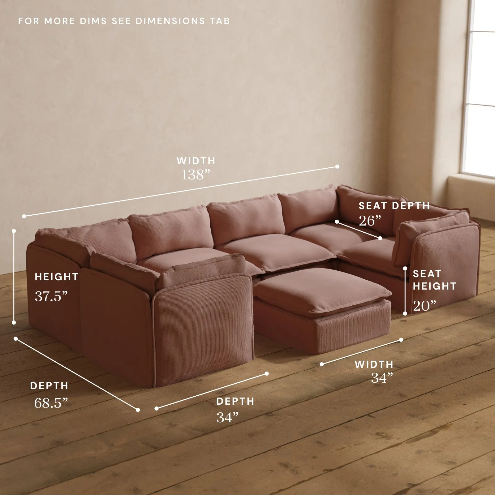 Modular Washable 6-Seater U-Sectional   Ottoman in Sakura | Deluxe  Seat | Cloud Pillow